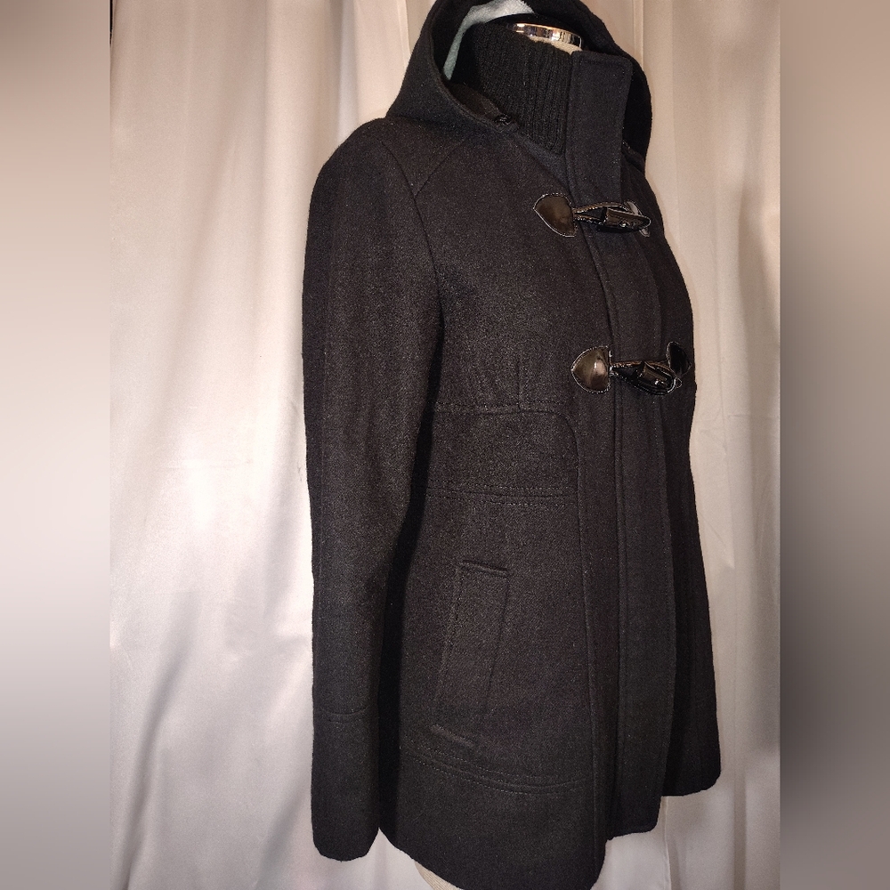Guess Wool Pea Coat, Women Hooded, Black ButtonUp Pockets, Collar, Lining, S/M - Picture 9 of 15